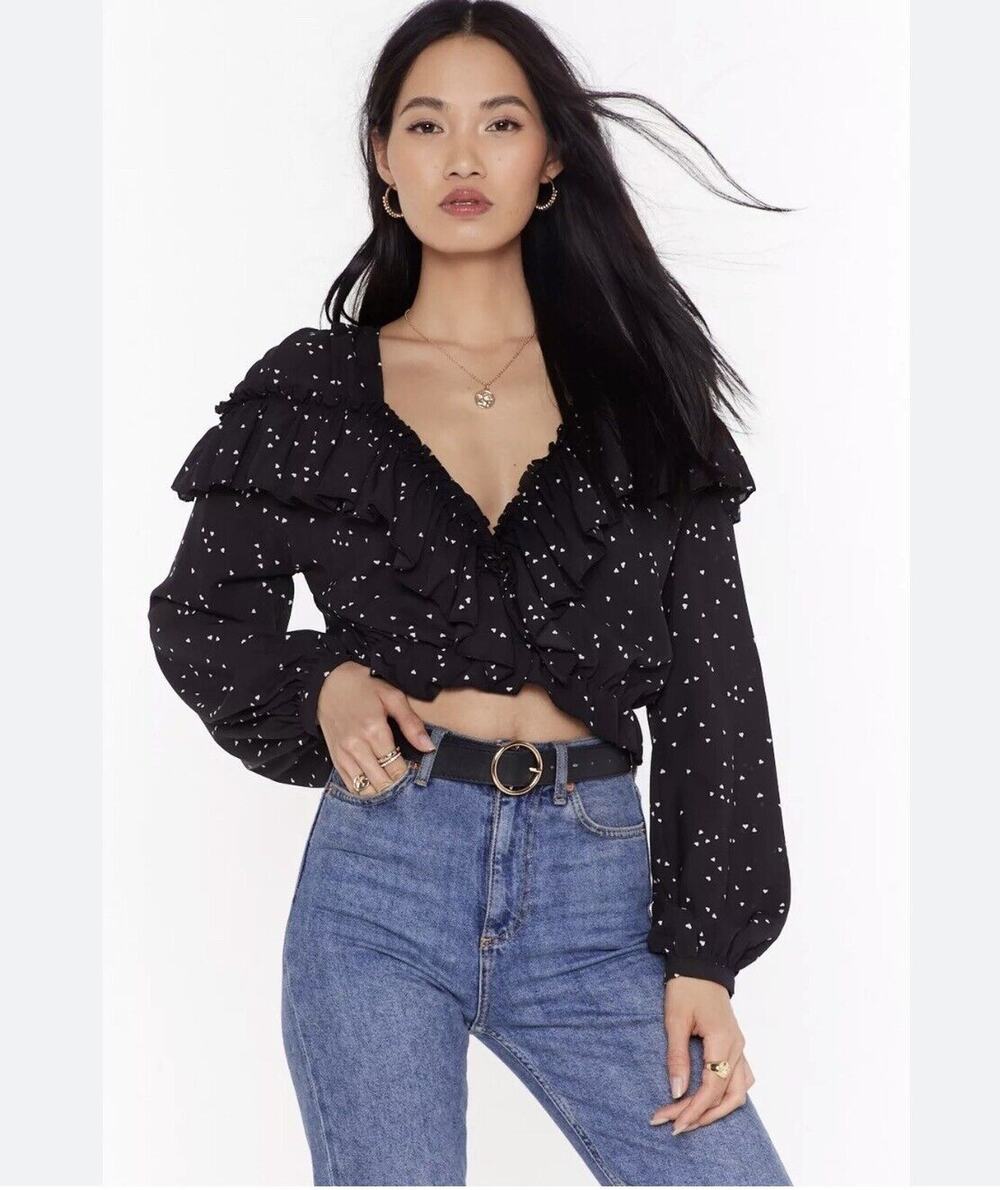 Nasty Gal Long Sleeve Ruffle Blouse Black White Hearts Cropped Size 2 Coquette